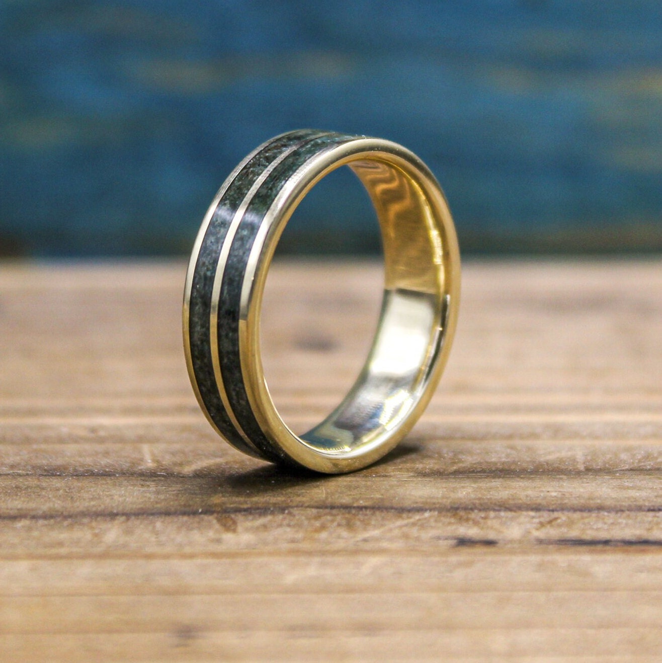 Men's 10k Gold and Moss Agate Ring - Moss Agate Ring for Him - Yellow Gold Men's Wedding Band