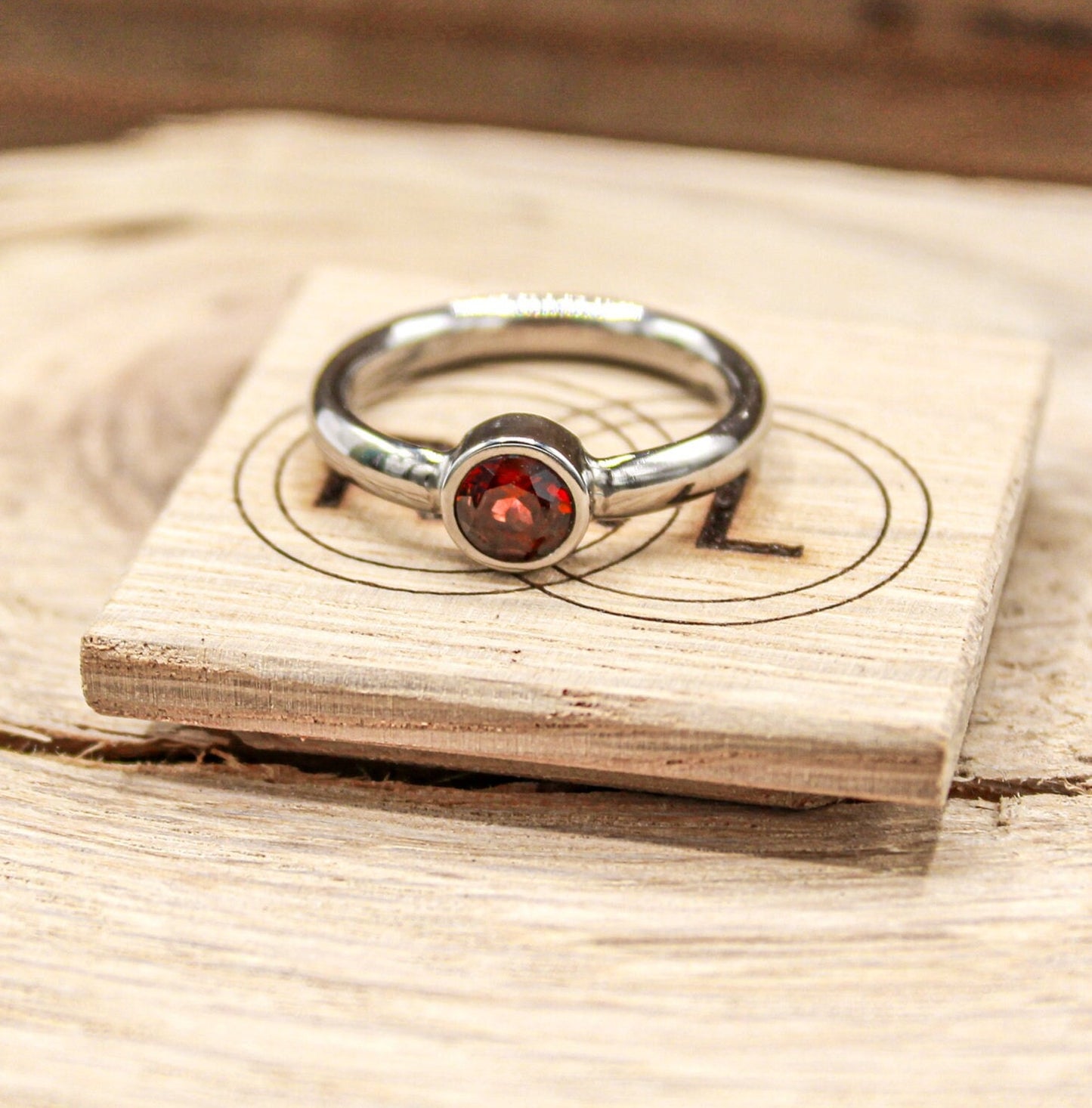 Titanium Engagement Ring for Her- Garnet Bezel Set Ring