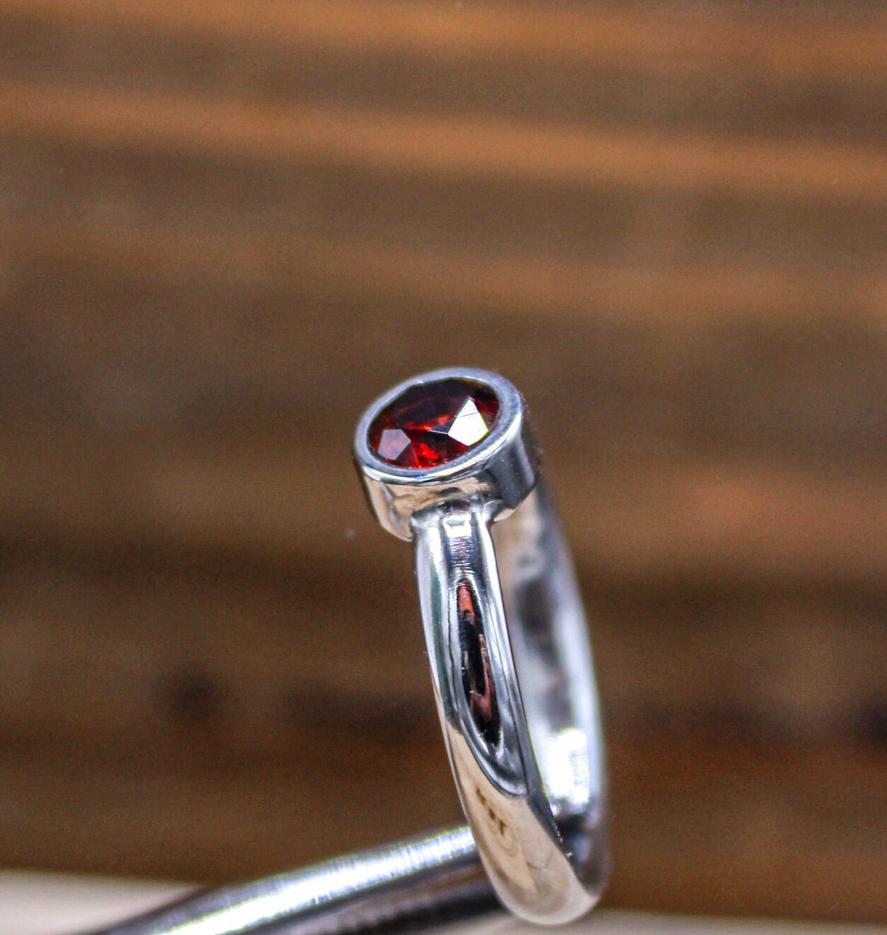 Titanium Engagement Ring for Her- Garnet Bezel Set Ring