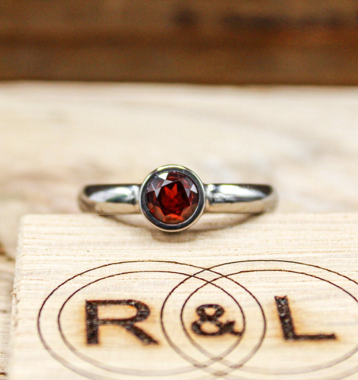 Titanium Engagement Ring for Her- Garnet Bezel Set Ring