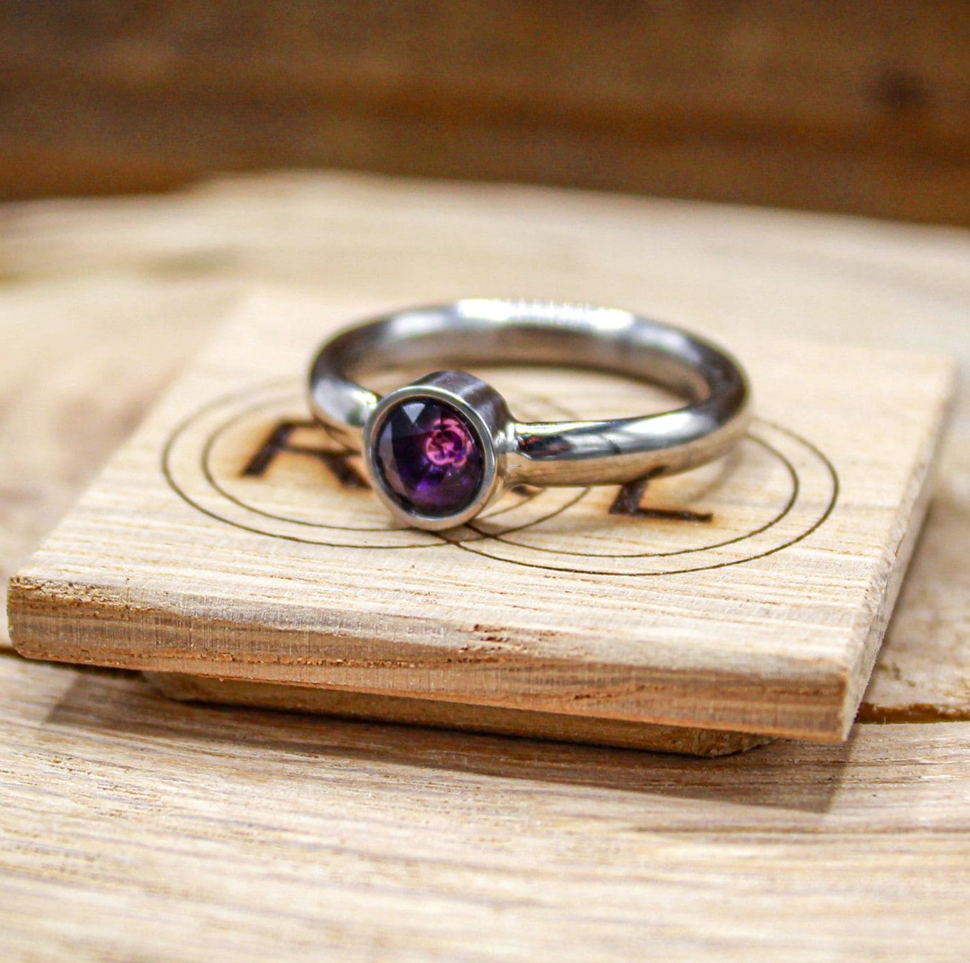 Titanium Engagement Ring for Her- Custom Made Amethyst Bezel Set Ring