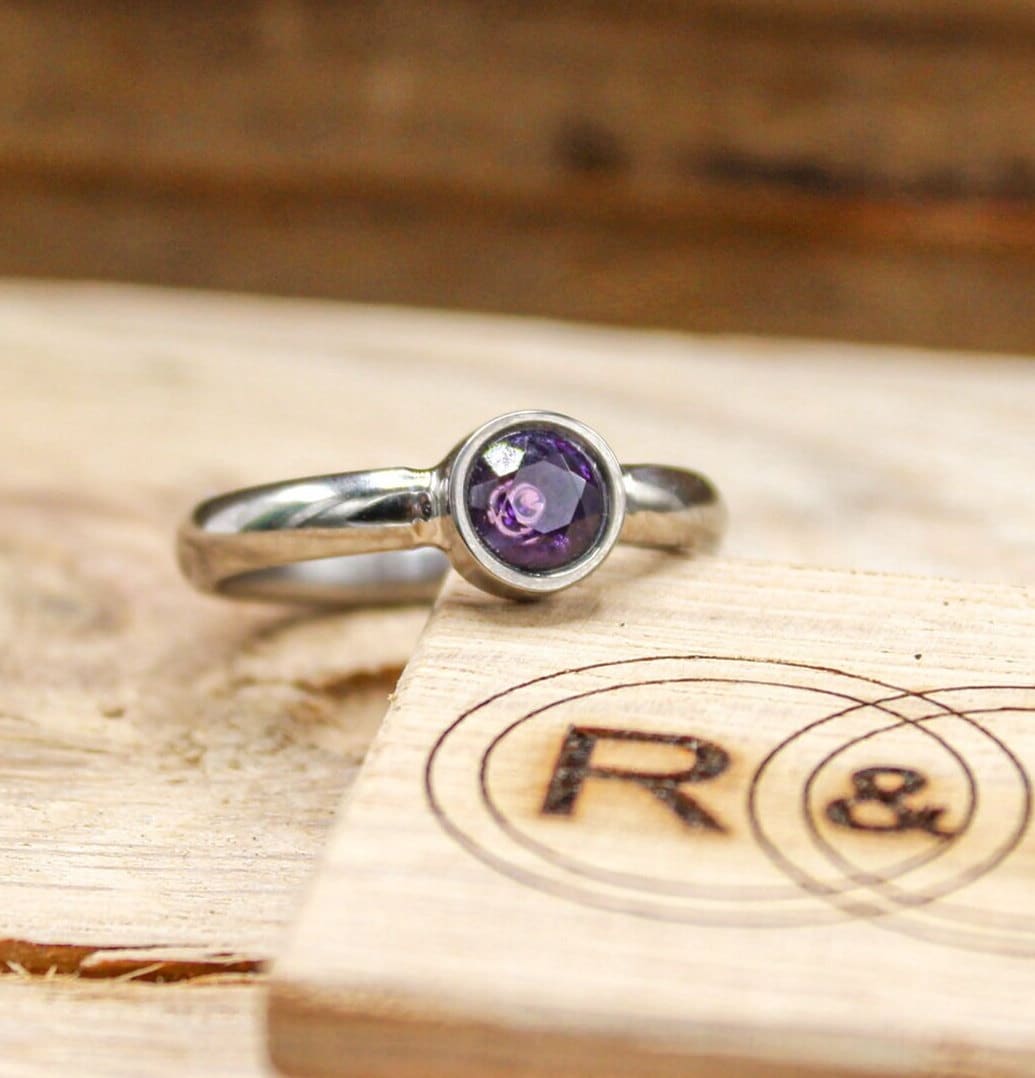 Titanium Engagement Ring for Her- Custom Made Amethyst Bezel Set Ring