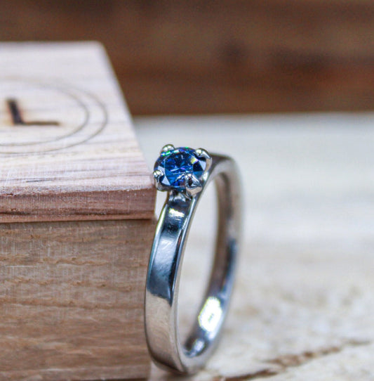 Moissanite Engagement Ring for Her- Blue Moissanite Solitaire - Dainty Titanium Ring - Custom Made to Order