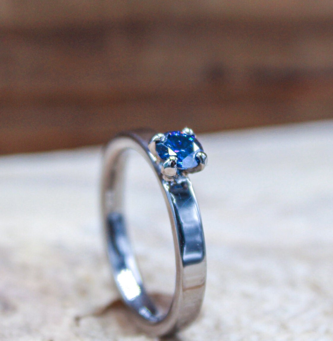 Moissanite Engagement Ring for Her- Blue Moissanite Solitaire - Dainty Titanium Ring - Custom Made to Order