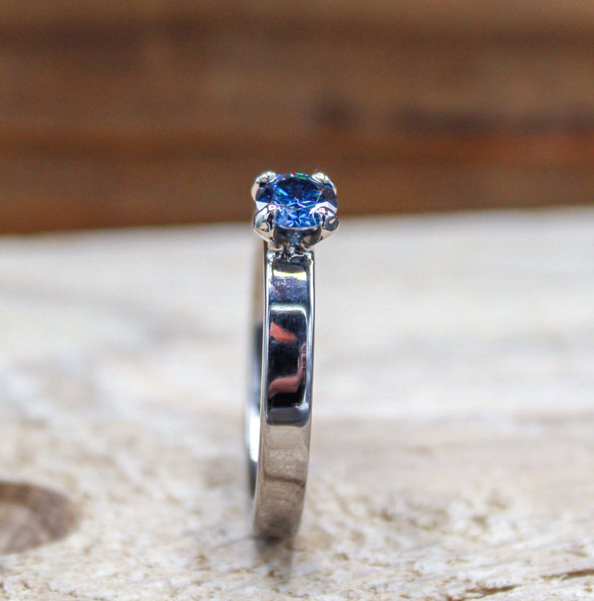 Moissanite Engagement Ring for Her- Blue Moissanite Solitaire - Dainty Titanium Ring - Custom Made to Order