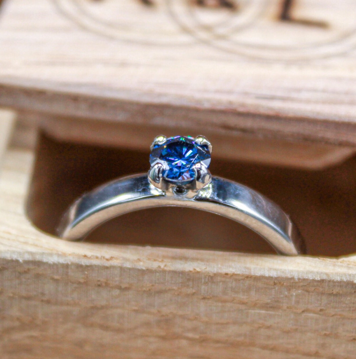 Moissanite Engagement Ring for Her- Blue Moissanite Solitaire - Dainty Titanium Ring - Custom Made to Order