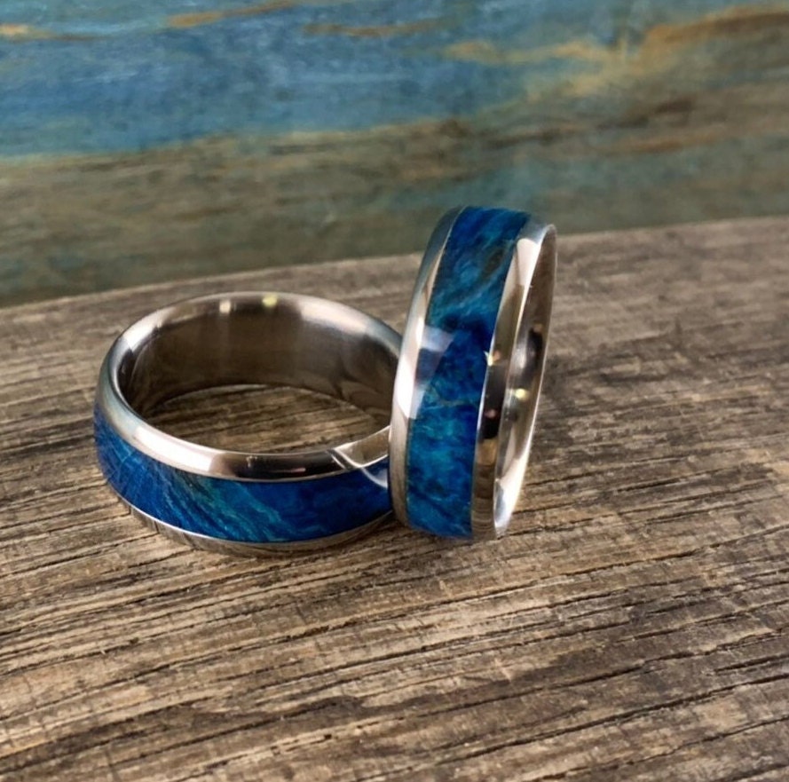 His and Hers Wedding Band Set - Titanium Rings with Blue Box Elder Burl Wood Inlay