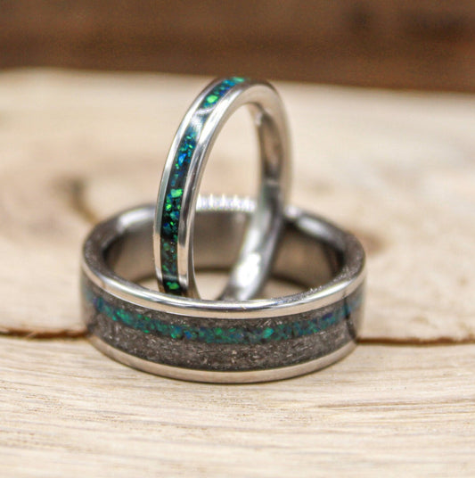 His and Hers Rings - Wedding Bands Set with Opal and Meteorite - Titanium Wedding Rings His and Hers