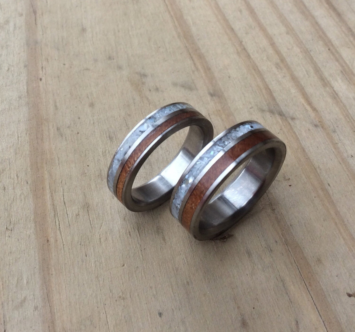 Wedding Band Set- Matching Titanium His and Hers Rings with Mother of Pearl and Ancient Kauri Wood Inlays