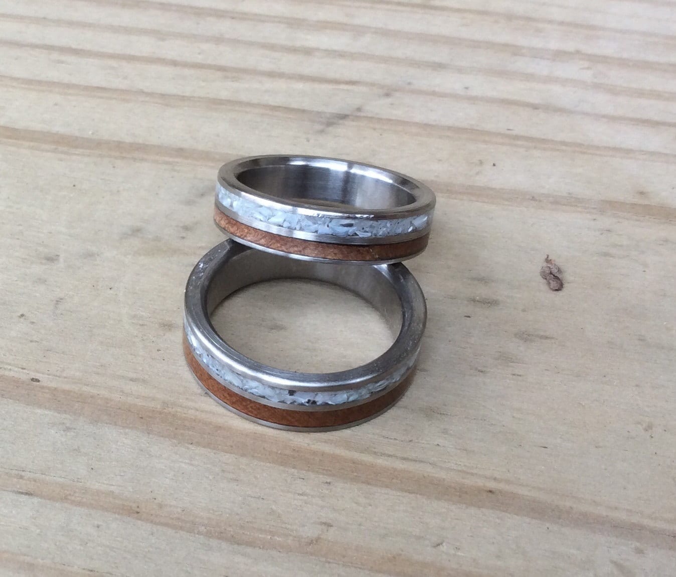 Wedding Band Set- Matching Titanium His and Hers Rings with Mother of Pearl and Ancient Kauri Wood Inlays