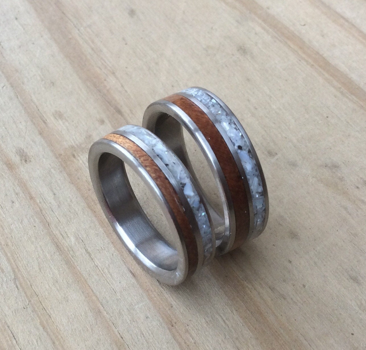 Wedding Band Set- Matching Titanium His and Hers Rings with Mother of Pearl and Ancient Kauri Wood Inlays