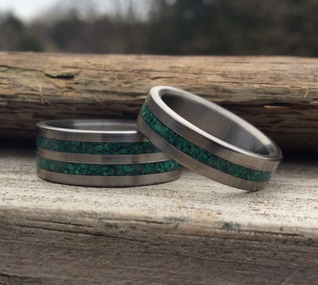 His and Hers Matching Ring Set - Titanium Couples Rings set with Malachite - Malachite Wedding Rings or Bands