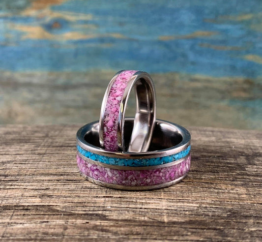 His and hers matching Sugilite wedding rings by RobandLean with turquoise inlay, elegant couple's wedding band set.
