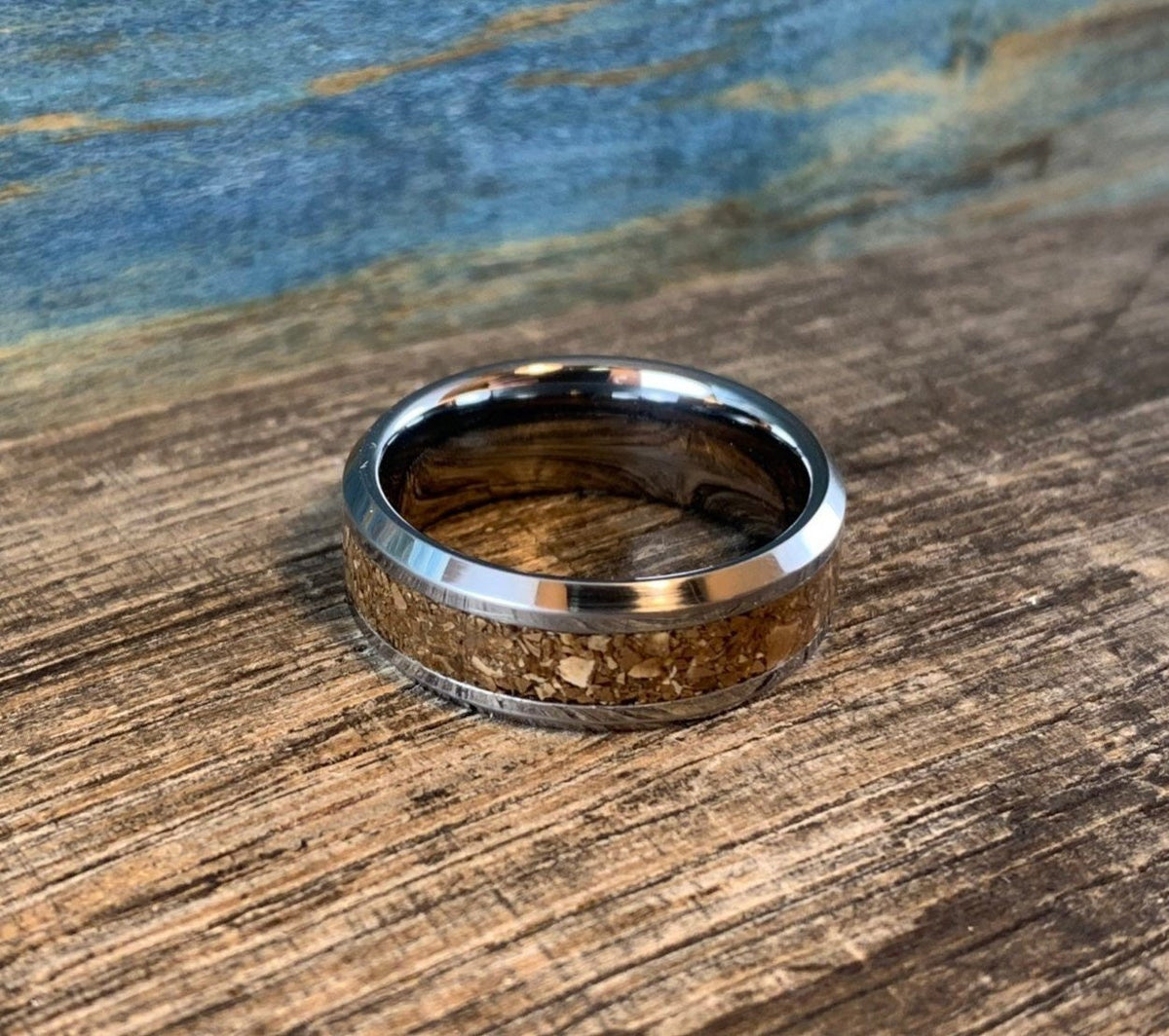 Men's tungsten dinosaur bone ring with T-Rex bone inlay, stylish wedding band by RobandLean's rings.