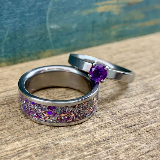 RobandLean's amethyst wedding band set featuring his and hers meteorite engagement rings, showcasing purple gemstones and textured metal bands.