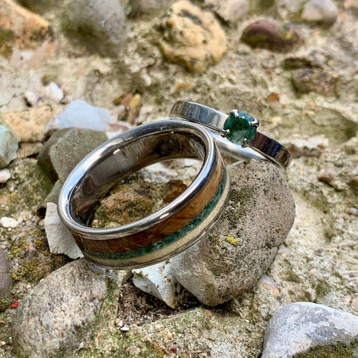 RobandLean's moss agate wedding band with English oak, moss agate, and deer antler design, paired with a matching engagement ring.