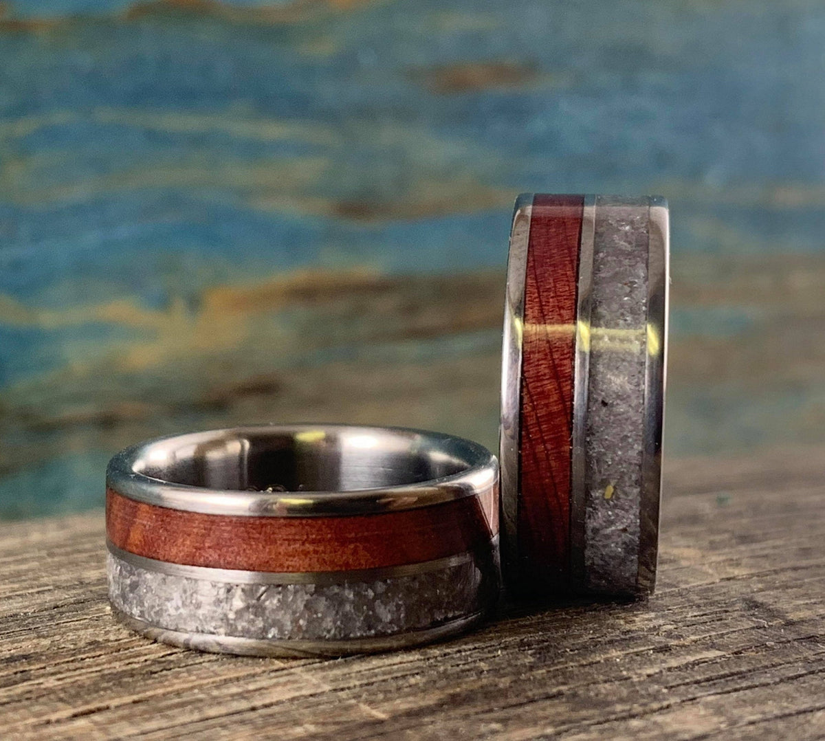 RobandLean's titanium wedding band set featuring redwood and rose quartz accents, showcasing the elegant and durable design.